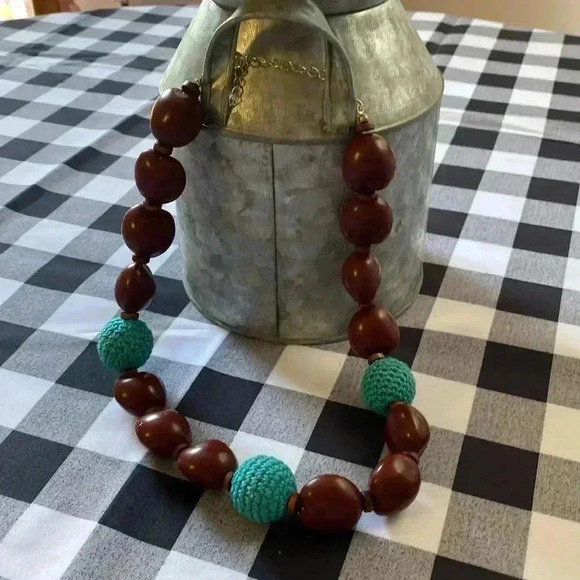 Mosaic Cuff Bracelet 7 1/8 " Around & Wooden Beaded Necklace 20 inches Long - Picture 9 of 10